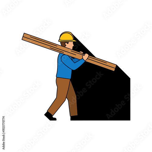 Construction worker carrying lumber, isolated on white background