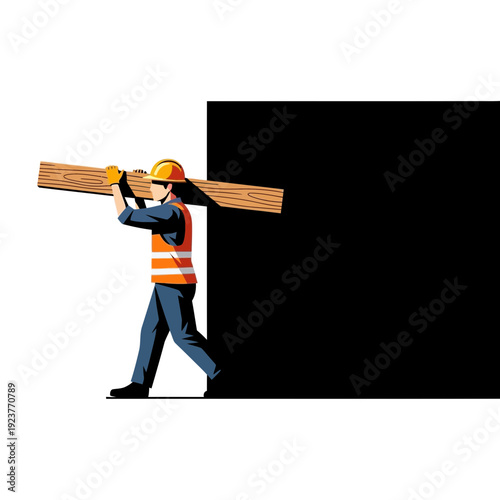 Construction worker carrying wood plank, safety vest, hard hat
