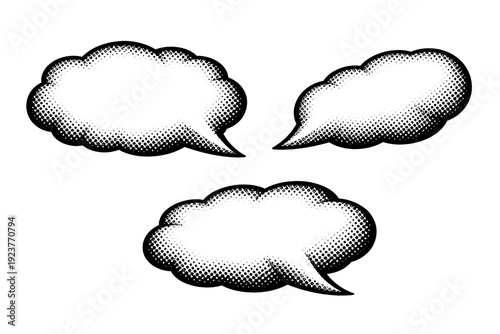 Comic halftone whisper bubble A soft-edged whisper-style speech bubble with subtle contour presented in front view, side view, and