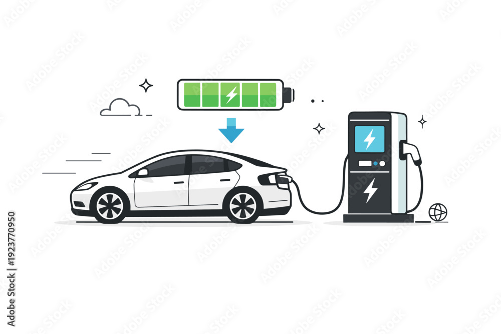 Fototapeta premium Electric vehicle fast charging. An electric car connected to a charger with subtle motion lines and battery indicator, showing energy flow.