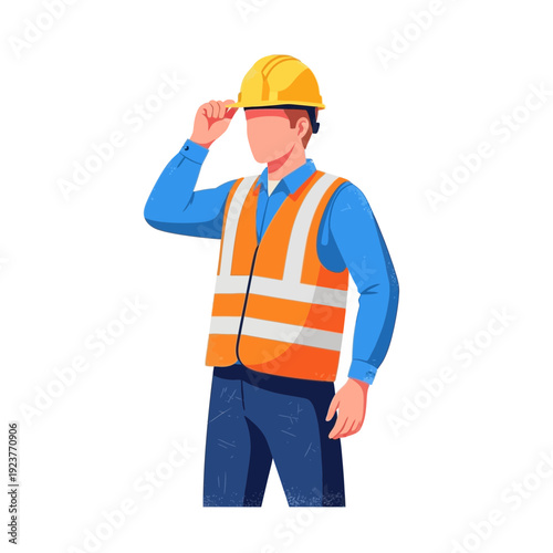 Construction worker in hard hat and safety vest, isolated on white background
