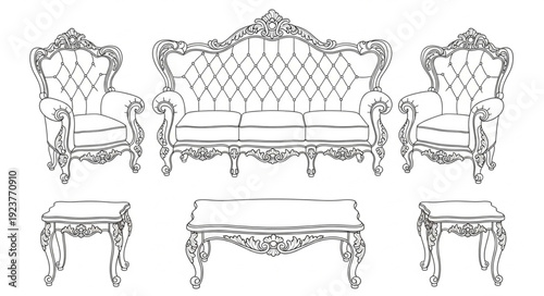 Elegant antique furniture set with intricate carvings and luxurious design.