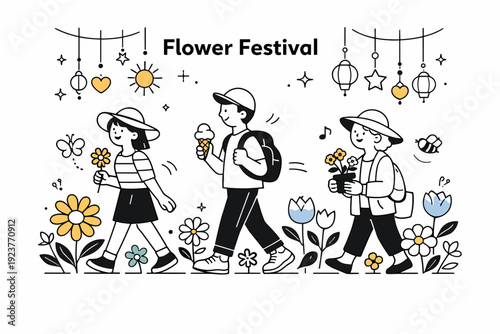 Flower festival illustrations. Friendly characters walking among stylized flowers and hanging ornaments, enjoying a seasonal celebration. Warm, optimistic mood