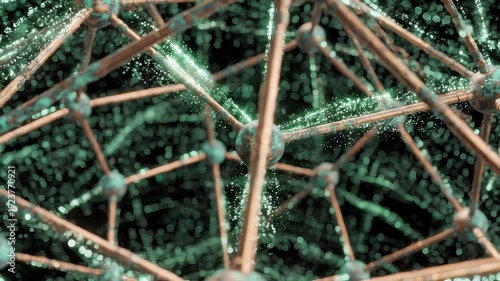 Macro visualization of quantum computing architecture with glowing particles in seamless loop