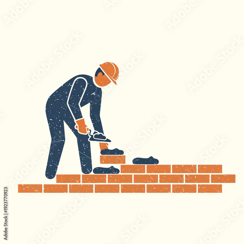 Construction worker laying bricks with trowel, building wall icon
