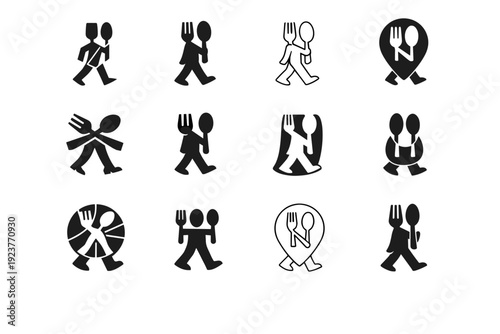 Food tasting tours. Icon set. Set Logo of Food tasting tours: walking tour with utensils. harmonious logo variations of the same emblematic