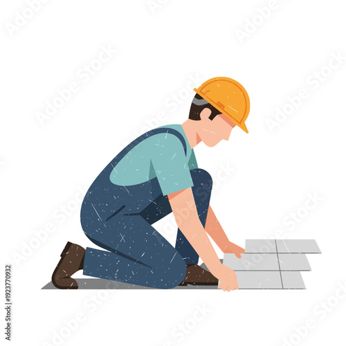 Construction worker installing tiles on floor