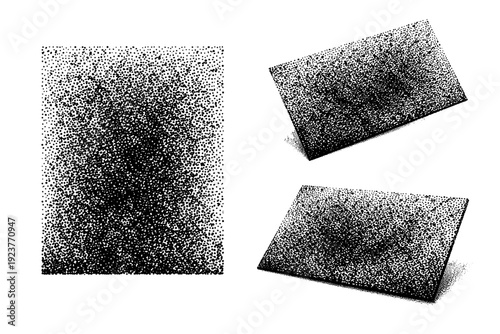 High Contrast Halftone Texture. Grunge halftone speckle texture, a single dense speckled texture overlay object represented in straight-on view, tilted view,