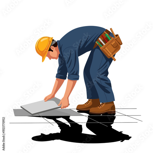 Construction worker laying floor tiles, professional tiling work, home improvement