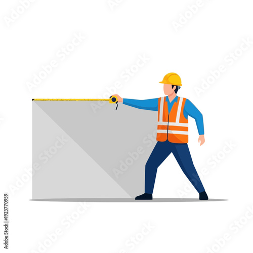 Construction worker measuring wall with tape measure, safety vest and helmet