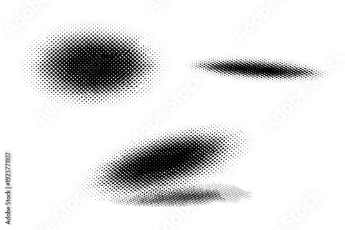 Halftone dotted vignette background shape with soft edge falloff shown from front view, side view, and three-quarter perspective as a single