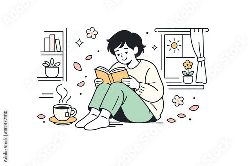 Reading at home. Person curled up with a book near a window or bookshelf, cozy clothing and tea nearby. Quiet joy, slow pace, soft natural