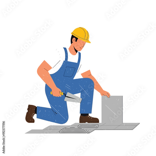 Tiler kneeling, applying cement with trowel to floor tiles