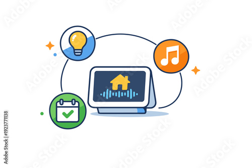 Using a smart speaker depicted as a small home hub at the center of simple connected icons, suggesting control over lights, music, and daily