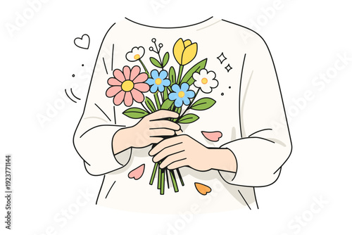 Floral Elegance. Flowers against neutral clothing. A person adjusts their grip on a bouquet while wearing soft-toned clothing, petals lightly overlapping the