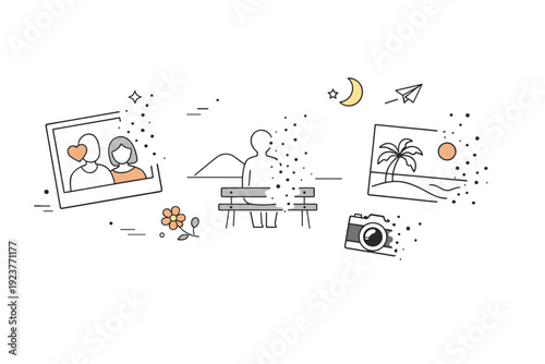 Lost photos and fading memories. Abstract image shapes dissolve or fade softly into space, leaving gaps behind. The mood is gentle and melancholic, focused on