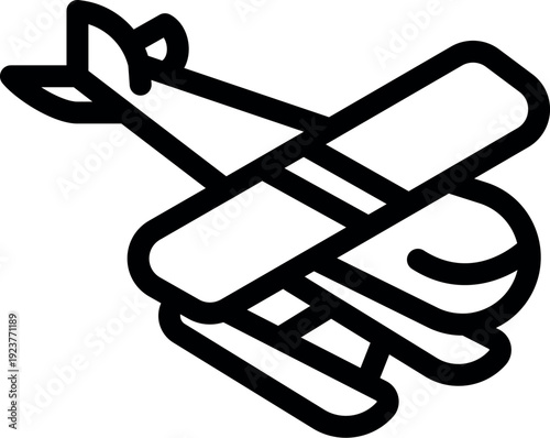 Simple black and white icon of a seaplane soaring through the sky, showcasing its pontoons for water landings