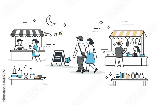 Night markets browsing. Late evening market moment with softer lights and fewer people. Calm winding down and quiet enjoyment of the night scene. Minimalist