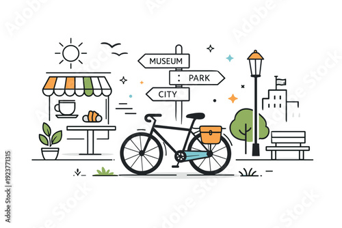 Urban sightseeing routine by bike. Bicycle parked near cafe icons, street signs, and greenery. Calm lifestyle atmosphere combining travel,
