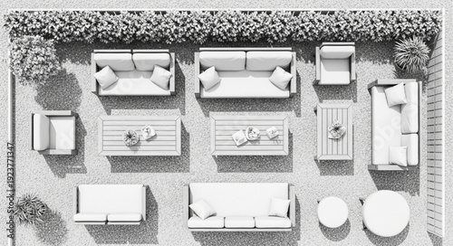 Outdoor furniture arrangement in a garden setting, top-down view, modern design.