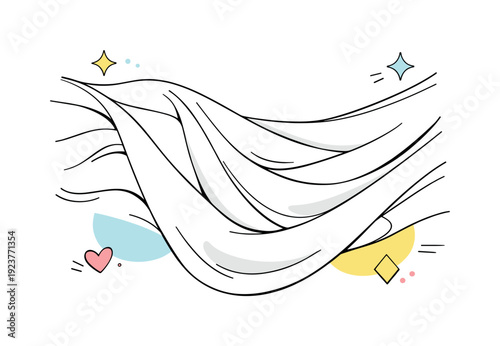 Stylized illustration of flowing white hair with abstract colorful shapes and sparkles