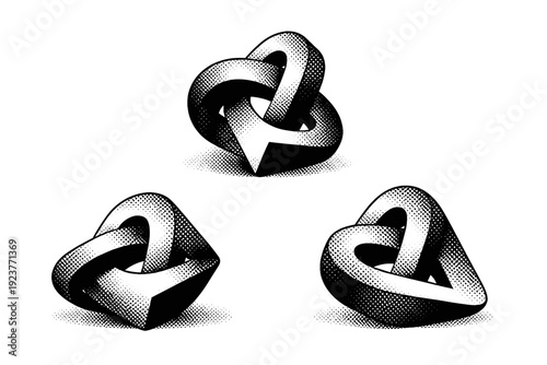 Abstract symbol. A minimal abstract sign with balanced geometry and solid mass, shown as the same object in three varied positional views