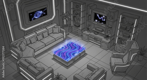 Futuristic interior design with glowing elements and modern furniture arrangement.