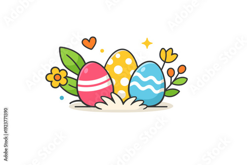 Easter holiday concept festive spring arrangement with eggs, leaves and soft decorative elements balanced in a compact composition, evoking