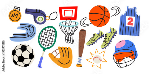 Cartoon sport elements set in retro doodle style. Training, activity shapes. Sports equipment, soccer ball, tennis racket, rugby helmet, basketball equipment. Flat vector illustration isolated