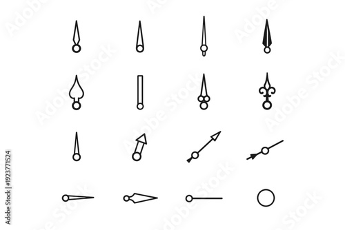 Clock Hands. Line icon set of Clock Hands: hour hand classic, minute hand classic, second hand classic, pointed clock hand, spade clock hand, baton clock hand,