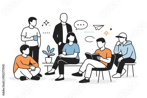 Group silhouettes without faces. Figures sit and stand in a shared space, all faces intentionally blank or hidden. Focus on collective rhythm and spacing, calm