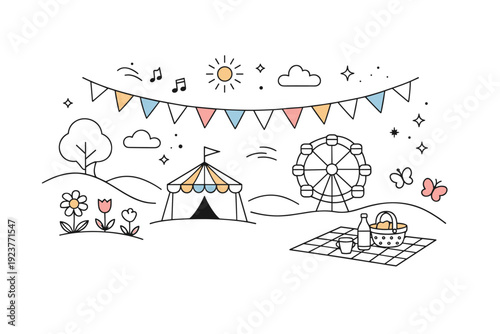 Spring fair decorative graphics. Soft landscape-inspired shapes with flowers and flags hinting at an outdoor spring event. Gentle movement and cheerful