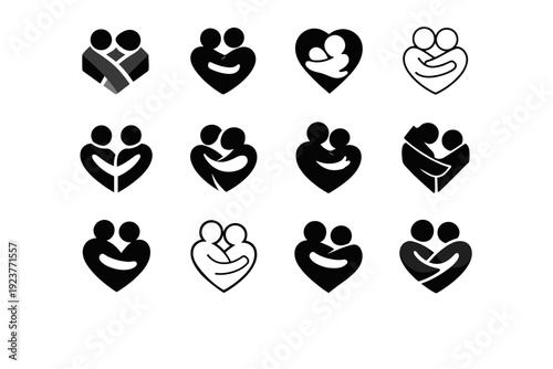 Love and affection. Icon set. Set Logo of Love and affection: hugging figures. harmonious logo variations of the same emblematic concept, each with different