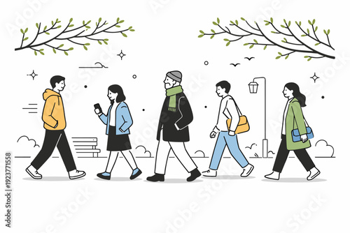 Early spring city walks. Several people scattered along a street, walking independently, trees lightly budding overhead. Calm shared movement and early spring