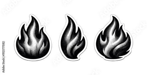 Three stylized black and white flame icons with halftone dot shading on a white background