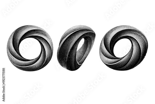 Abstract dotted swirl frame with dynamic rotational geometry shown from front view, side view, and three-quarter view as a single object set with realistic