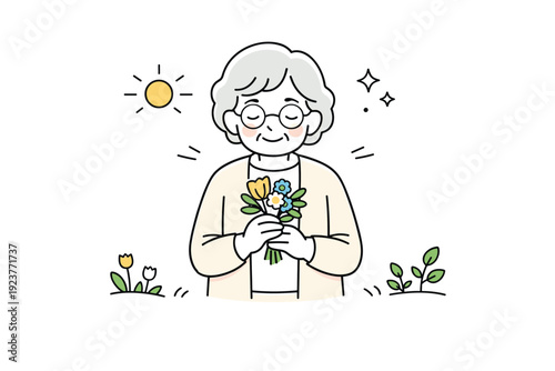 Grandmothers with spring bouquets. An elderly woman holding a small bouquet of fresh spring flowers, standing calmly outdoors. Gentle warmth
