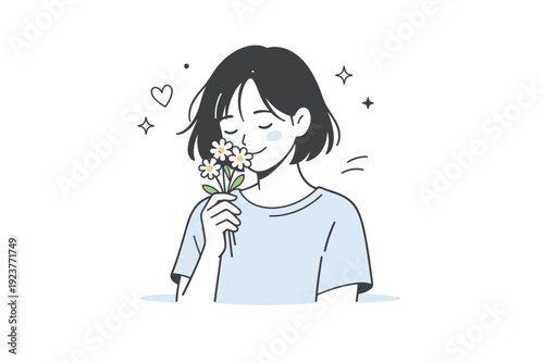 Soft portraits with flowers as everyday beauty. A person holds or wears flowers casually, captured without posing, highlighting natural