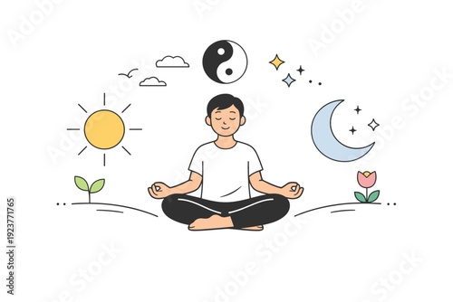 Spring equinox concept. A calm editorial scene with a person enjoying the balance of day and night, surrounded by sun and moon symbols in harmony. The mood