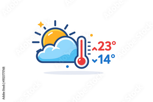 Weather concept compact forecast badge with sun, cloud, and temperature symbols combined, expressing reliability, information, and modern weather services.