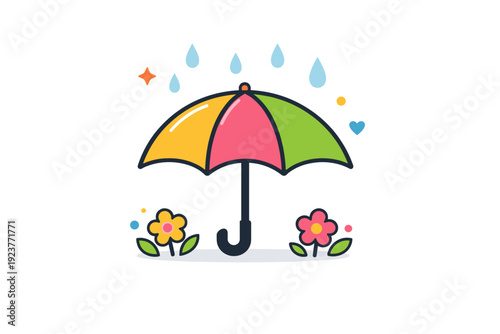 Spring umbrella aesthetic a colorful umbrella opened among light rain drops and small flowers, creating a poetic mood of spring showers, freshness, and gentle