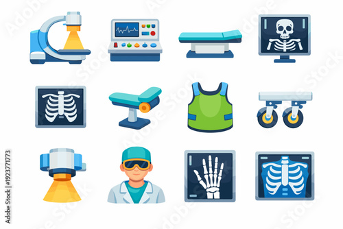 XRayMachine. Colorful flat vector icons set of XRayMachine: x-ray scanner, control panel, patient table, digital display, x-ray image, arm