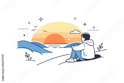 Sunset watching from hills. Person wrapped in a light jacket, seated on a slope with knees drawn in, watching the sky change colors. Peaceful