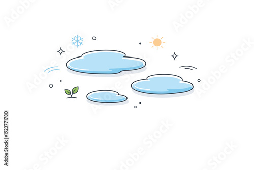 Puddles after melting snow as a visual metaphor. Simplified water shapes floating in open space, hinting at reflection and change. Symbol of