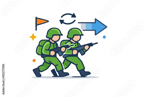 Patrol mission teamwork dynamic portrayed with synchronized movement and shared direction symbols, reflecting coordination, trust, and collective
