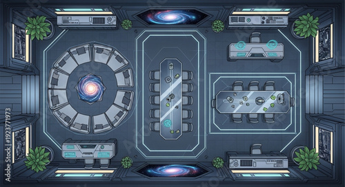 Futuristic interior design with multiple tables and circular seating arrangement.