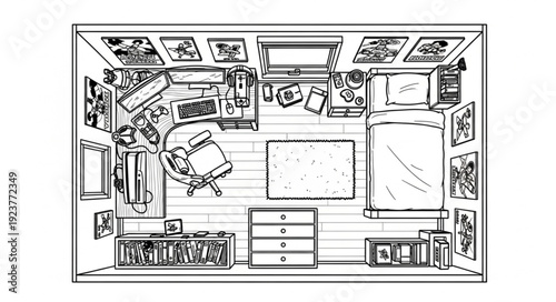 Detailed top-down view of a well-furnished bedroom with various furniture pieces.
