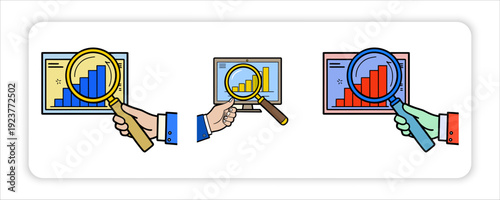 Inpection Icon and flat modern trand magnifying glass with graph going down icon on blue and pink pastel colored background 