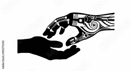 Futuristic robotic hand reaching out to a human hand in a gesture of connection and support.