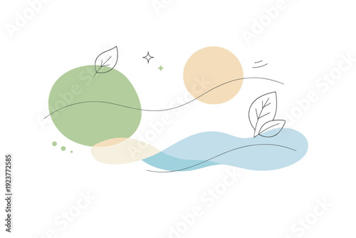 Eco minimal editorial background. Simple abstract shapes combined with subtle leaf icons and gentle curves, arranged in a balanced composition. Clean